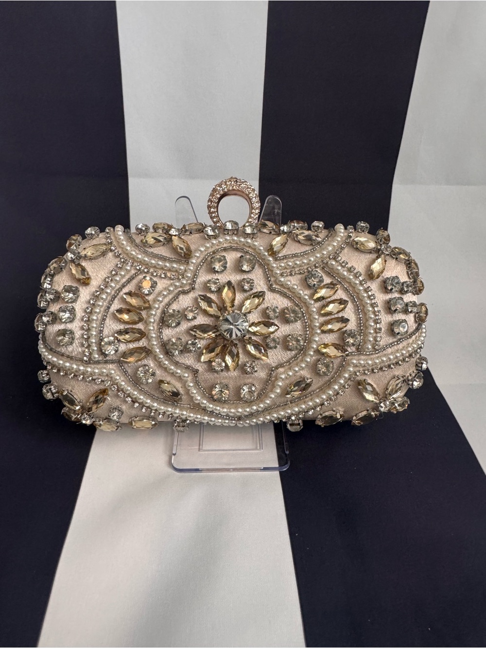 Beaded Pearl-Embellished Evening Clutch in Champagne - Picture 3 of 9
